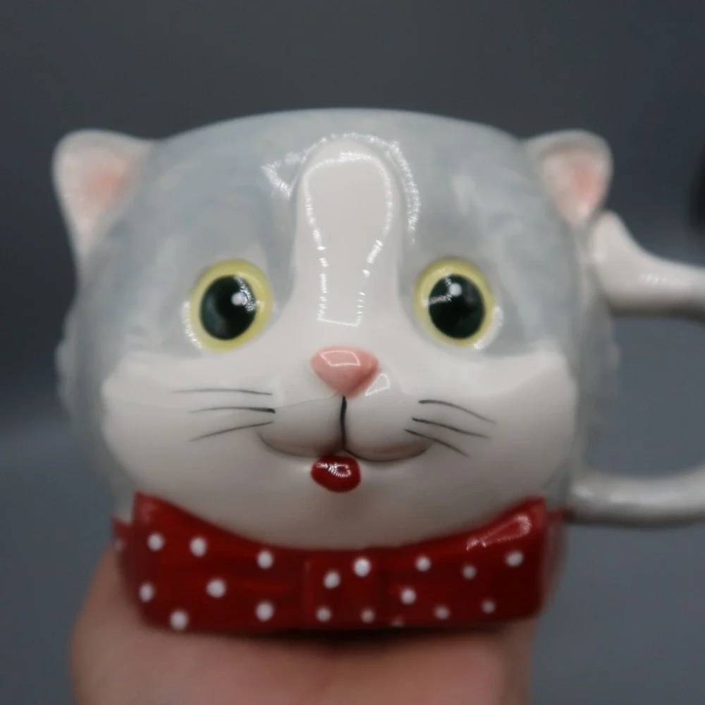 Pier 1 Imports‎ Oversized Gray Kitten Cat Coffee Mug Red White Bow Tie